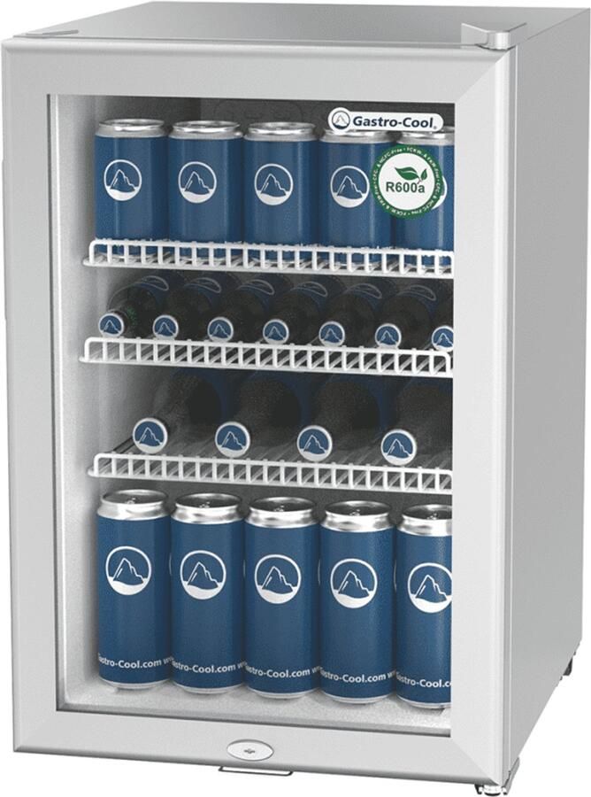 Gastro-Cool KW65 Mini koelkast met glazen deur 62 Liter Zilver Zilver Wit 204401