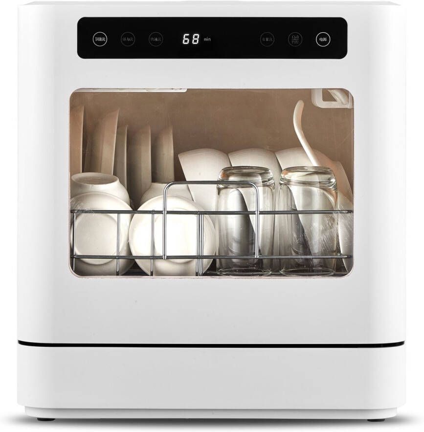 Gloovon Vrijstaande Mini vaatwasser 5 couverts 4 programma s Tafelmodel Inclusief bestekkorf Afwas Sterilisatiesysteem Droogfunctie Energielabel F