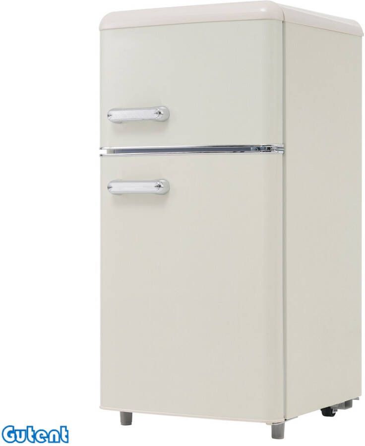 Gutent Retro koelkast Boven- en onderdeuren Totaal volume 72 liter Vriezer volume 21 liter Jaarlijks energieverbruik 120 kWh LED verlichting [Energie klasse E]