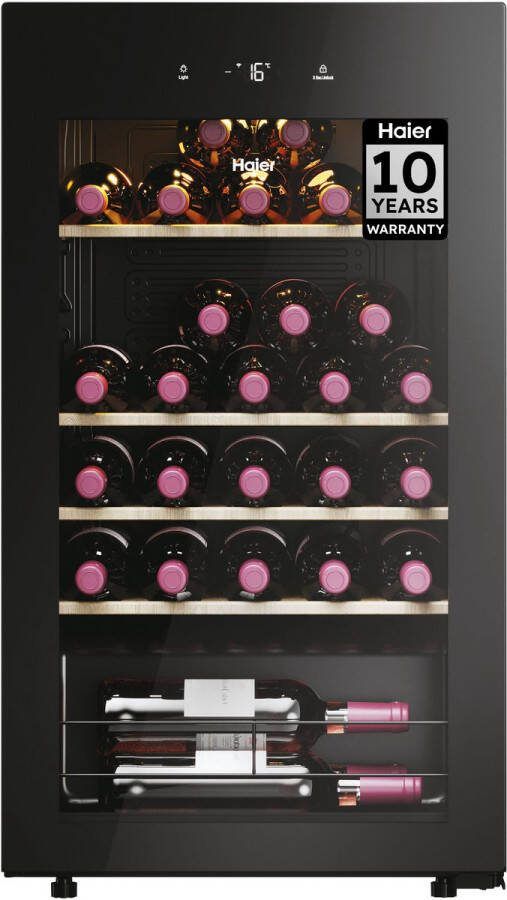 Haier HWS34GGH1 Wijnkoelkast 34 flessen Energieklasse G Vochtbalans technologie Houten schappen 1 zone Anti-vibratie Anti-UV glas Glazen deur Zwart 10 Jaar Garantie op onderdelen