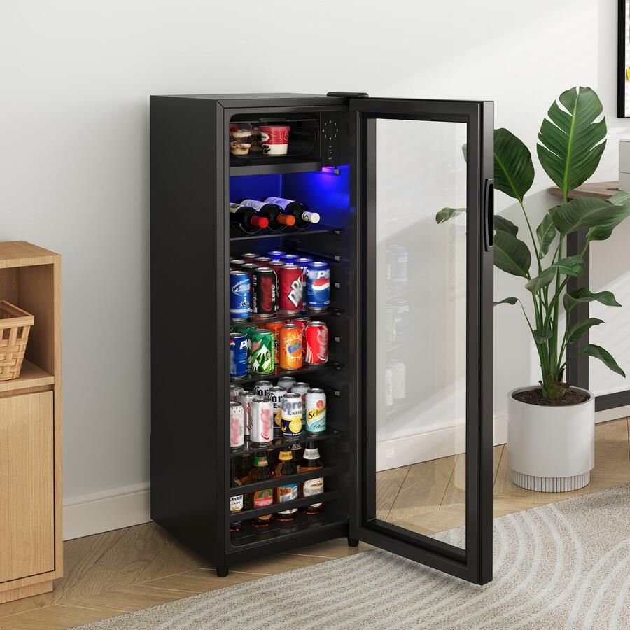 OKWISH Mini Koelkast – Stil En Energiezuinig – 128 L – Roestvrij Staal – Zwart – Met Vriesvak En Ledverlichting