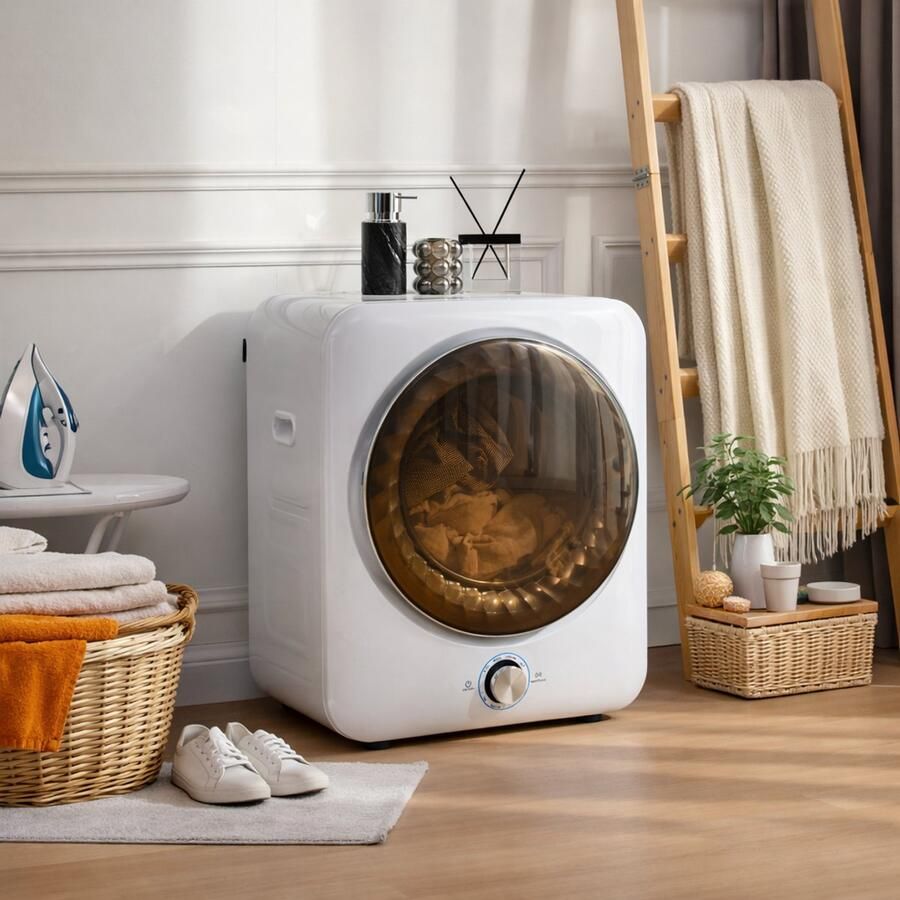 OKWISH Wasdroger – Compact En Stil Drogen – 3 Kg – ABS En Staal – Wit – Wandmontage Of Vloerplaatsing – 8 Programma s