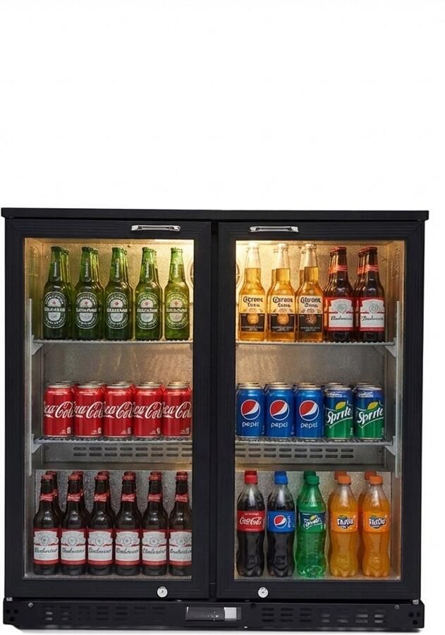 HCB Professionele Horeca Barkoelkast Zuinige glasdeur koelkast met 2 klapdeuren 218 liter Koeling met glazen deur Flessenkoelkast Drankenkoelkast klein Bier koelkast 52x90x84 cm (DxBxH) 70 kg Frigo 7939