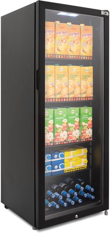 HCB Professionele Horeca Glasdeur koelkast 248 liter zwart 230V Energiezuinige koeling met glazen deur Flessenkoelkast Drankenkoelkast Energielabel C 54x56x140.7 cm (BxDxH) 52 kg Frigo 5100