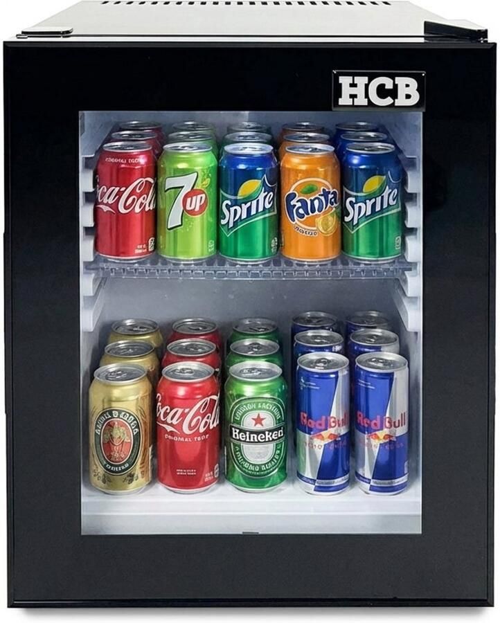 HCB Professionele Horeca Minibar koeling 32L Mini Koelkast met glazen deur Kleine drankenkoelkast D Zwart 38 5x45 2x48 6 cm (LxBxH) Flessenkoelkast Bier koelkast tafelmodel 38.5x45.2x48.6 cm (LxBxH)