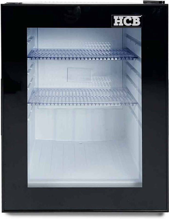 HCB Professionele Horeca Minibar koeling 40L Mini Koelkast met glazen deur Kleine drankenkoelkast F Zwart 40x42 3x56 8 cm (LxBxH) Flessenkoelkast Bier koelkast tafelmodel 40x42.2x56.8 cm (LxBxH)