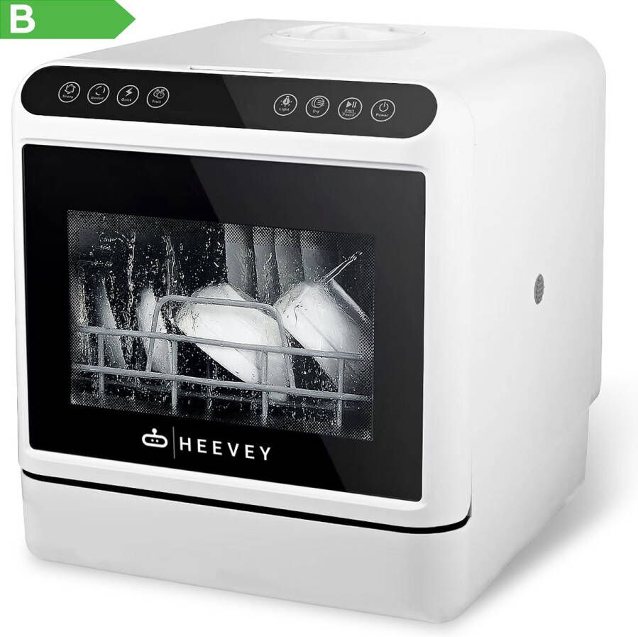 Heevey Mini Vaatwasser Vrijstaande vaatwasser Campingvaatwasser 5 Wasprogramma's Afwas Sterilisatiesysteem Droogfunctie 75°C Zonder app Inclusief 5 Vaatwasblokjes