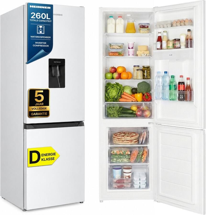 Heinner HC-HM260INVWDD Koel-Vriescombinatie Met Waterdispenser – Invertermotor – Elektronische Bediening – LED-Verlichting – Omkeerbare Deur – 5 Jaar Garantie – Wit