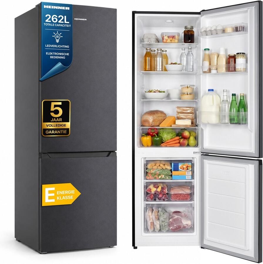 Heinner HC-HM262DGE++ Koel-vriescombinatie 262 L – Instelbare Thermostaat – LED-verlichting – Omkeerbare Deur – Vingerafdrukbestendige Afwerking – Antracietgrijs – 5 Jaar Garantie - Foto 2