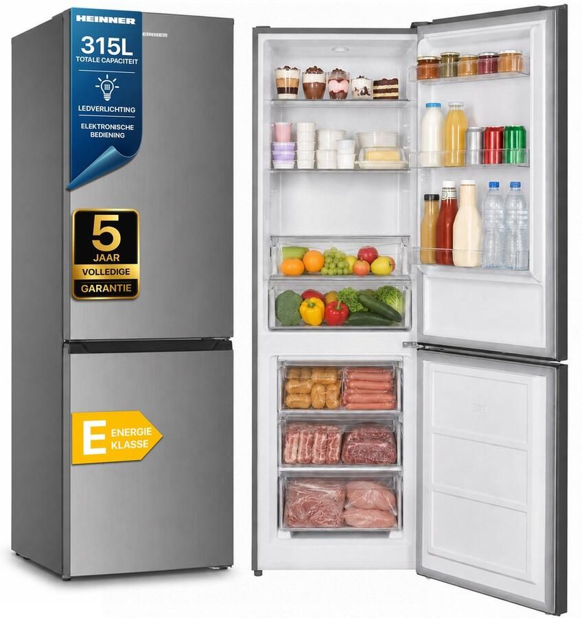 Heinner HC-HM315XE++ Koel-vriescombinatie – 315 L – Energieklasse E – Instelbare Thermostaat – LED-verlichting – Omkeerbare Deur – RVS – 5 Jaar Garantie