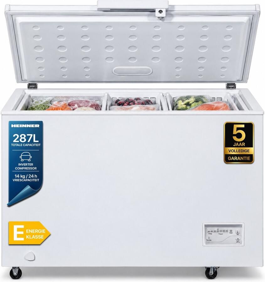 Heinner HCF-287CNHE++ Vrieskist – 287 L – Convertible (Vriezer Koelkast) – Waterbestendig Display – LED-verlichting – Snelvriesfunctie – Wit – 5 Jaar Garantie