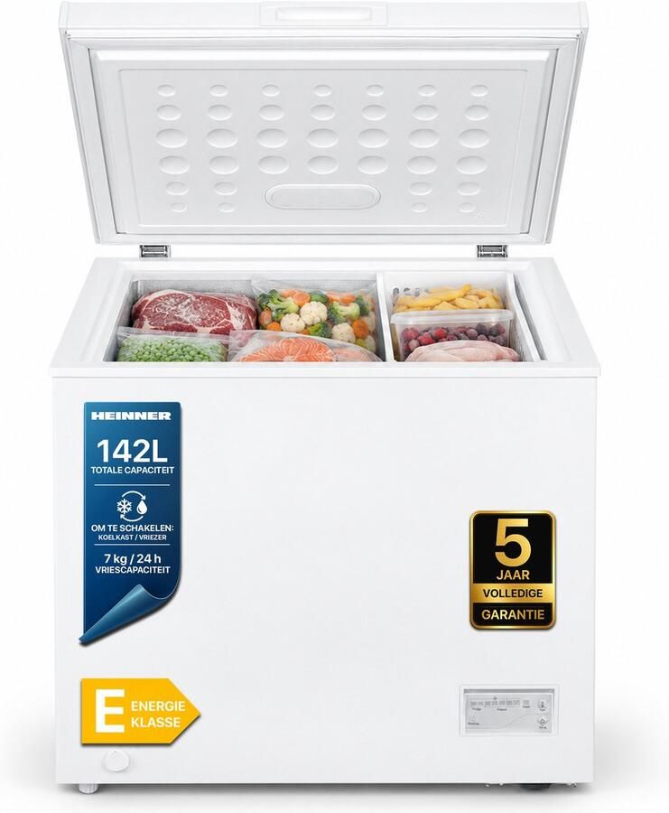 Heinner HCF-HM145CE++ Vrieskist – 142 L – Convertible (Vriezer Koelkast) – Snelvriesfunctie – Waterbestendig Display – Wit – 5 Jaar Garantie