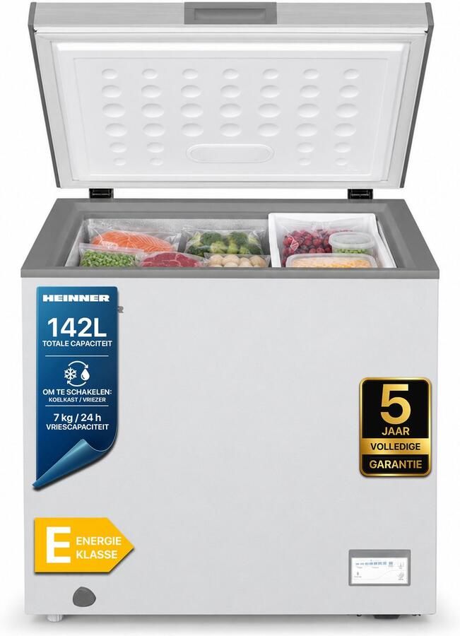 Heinner HCF-HM145CSE++ Vrieskist – 142 L – Convertible (Vriezer Koelkast) – Snelvriesfunctie – Waterbestendig Display – Zilver – 5 Jaar Garantie