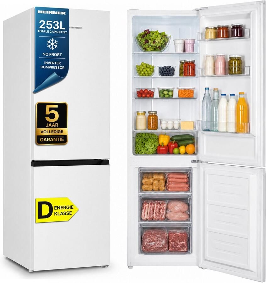 Heinner HCNF-HM253INVD Koel-vriescombinatie – 253 L – Total No Frost – Inverter Compressor – Energieklasse D – Elektronische Bediening met Instelbare Thermostaat – LED-verlichting – Wit – 5 Jaar Garantie