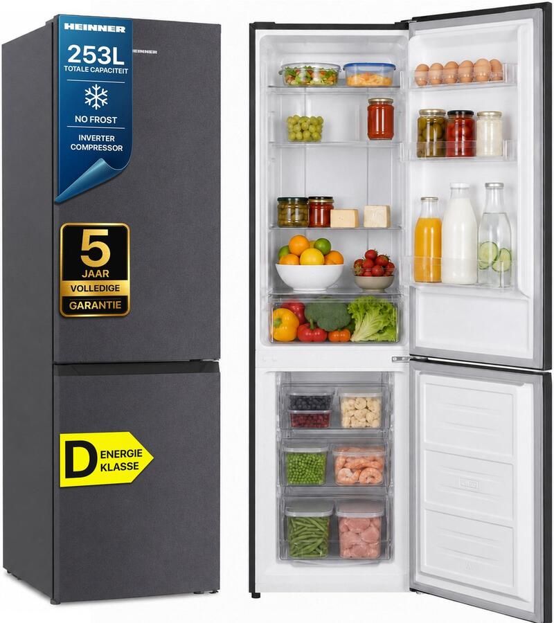 Heinner HCNF-HM253INVDGD Koel-vriescombinatie – 253 L – No Frost – Inverter Compressor – Energieklasse D – Instelbare Thermostaat – LED-verlichting – Antracietgrijs – 5 Jaar Garantie