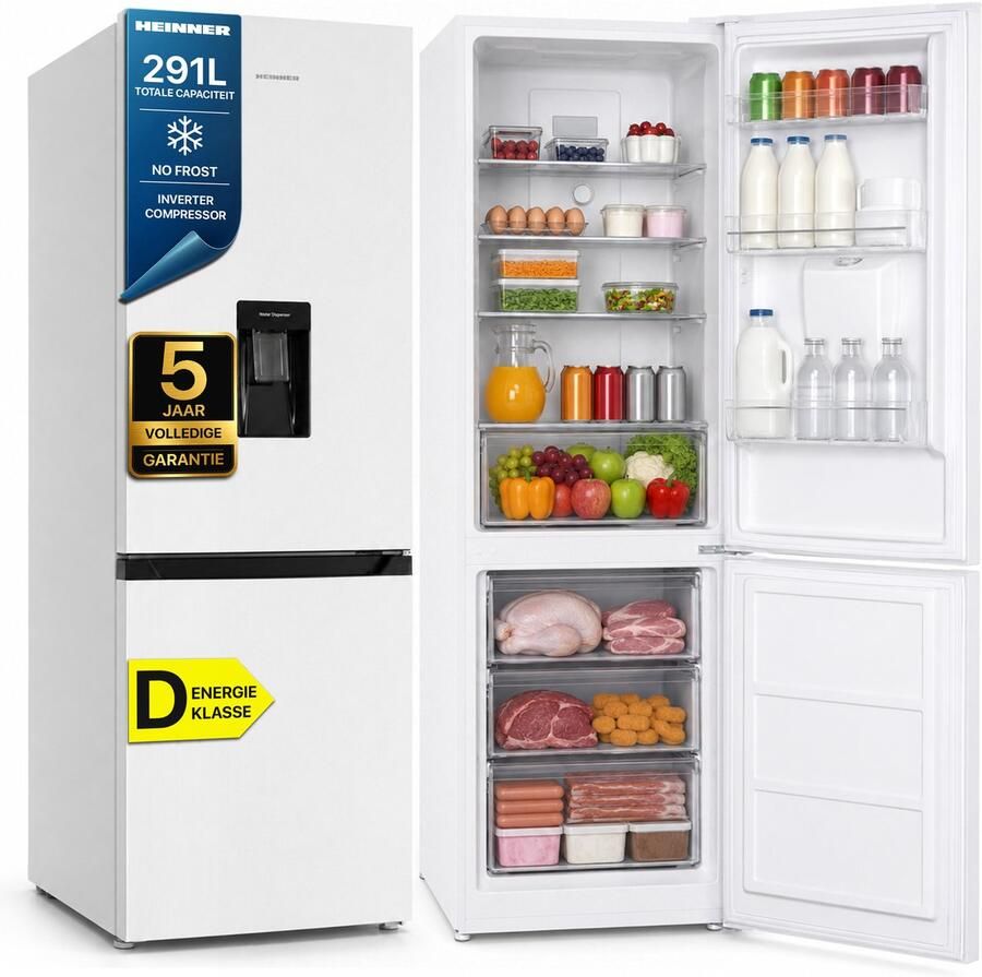 Heinner HCNF-HM291INVWDD Koel-vriescombinatie – 291 L – Total No Frost – Inverter Compressor – Energieklasse D – Instelbare Thermostaat – LED-verlichting – Wit – 185 cm – 5 Jaar Garantie