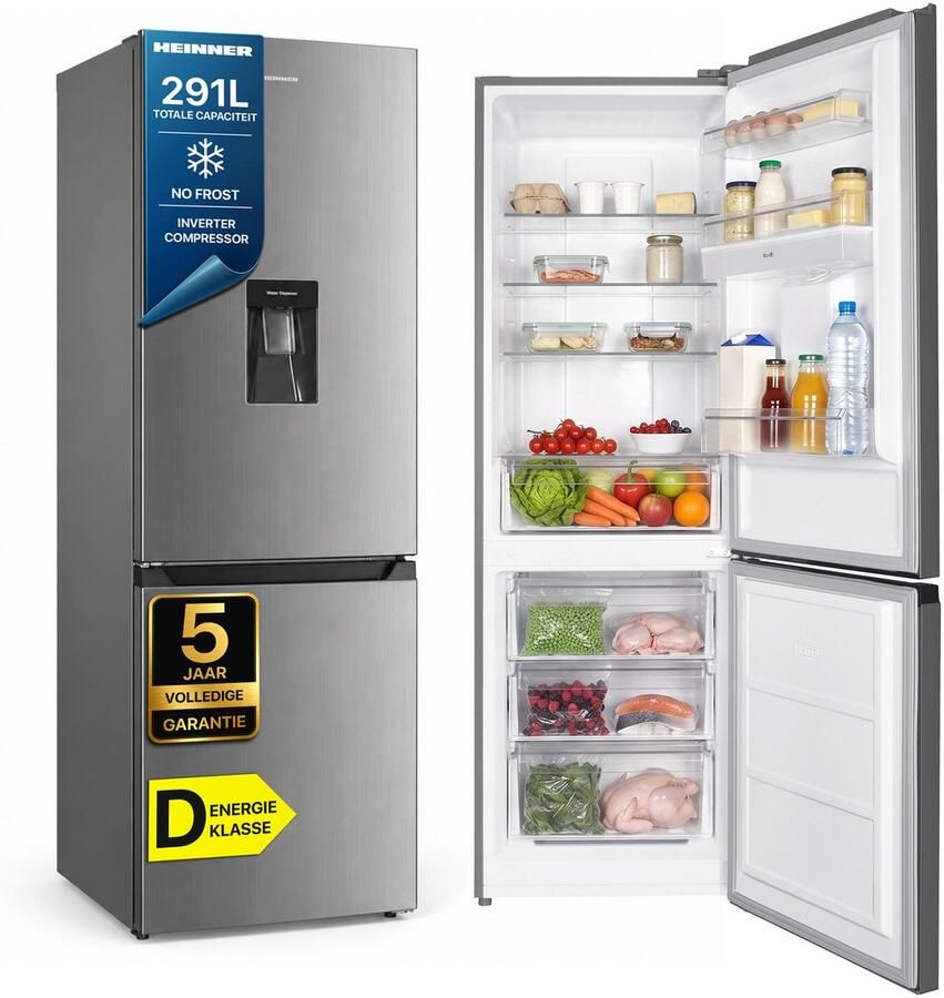 Heinner HCNF-HM291INVXWDD Koel-vriescombinatie – 291 L – Total No Frost – Inverter Compressor – Energieklasse D – Instelbare Thermostaat – LED-verlichting – RVS – 185 cm – 5 Jaar Garantie