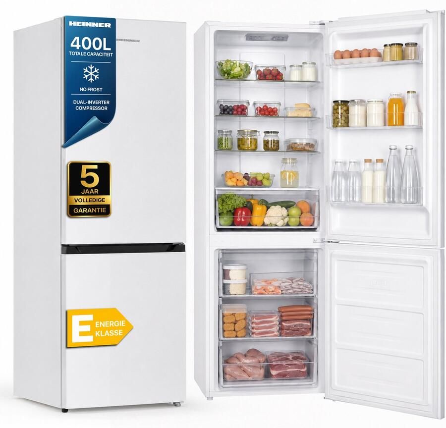 Heinner HCNF-HM400INVE++ Koel-vriescombinatie – 400 L – No Frost – MaxStorage – Dual Inverter Technologie – Elektronische Bediening – Super Freeze – Open-deur Alarm – LED-verlichting – Wit – 5 Jaar Garantie