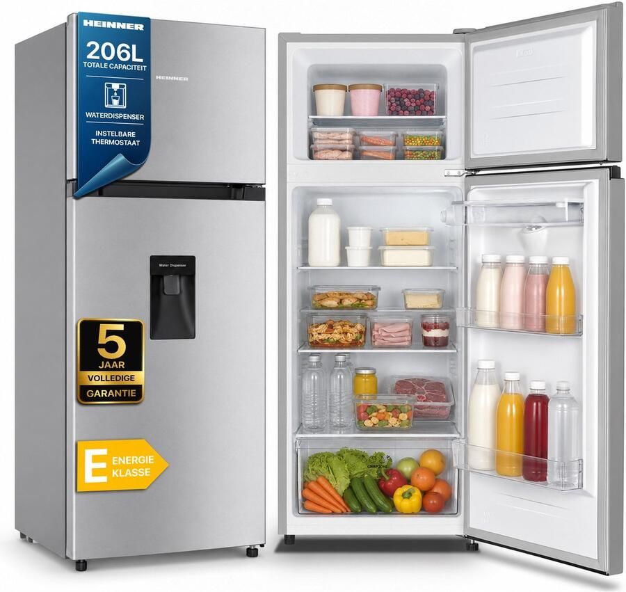 Heinner HF-HS205SWDE++ Koel-vriescombinatie met Waterdispenser – 243 liter – Omkeerbare deur – LED-verlichting – 5 Jaar Garantie – Zilver