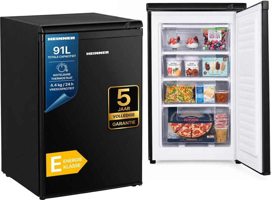 Heinner Tafelmodel Vriezer – Vrieskast 91 liter Temperatuurregeling – 4 compartimenten – Energieklasse E – Deur Links Rechts 5 Jaar Garantie Zwart
