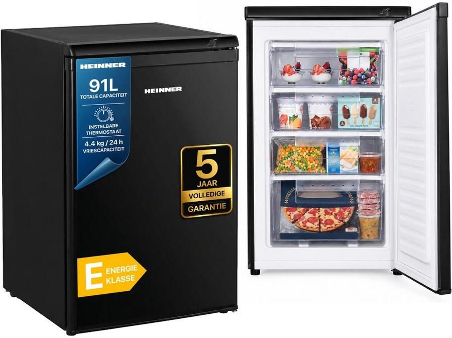 Heinner Tafelmodel Vriezer – Vrieskast 91 liter Temperatuurregeling – 4 compartimenten – Energieklasse E – Deur Links Rechts 5 Jaar Garantie Zwart