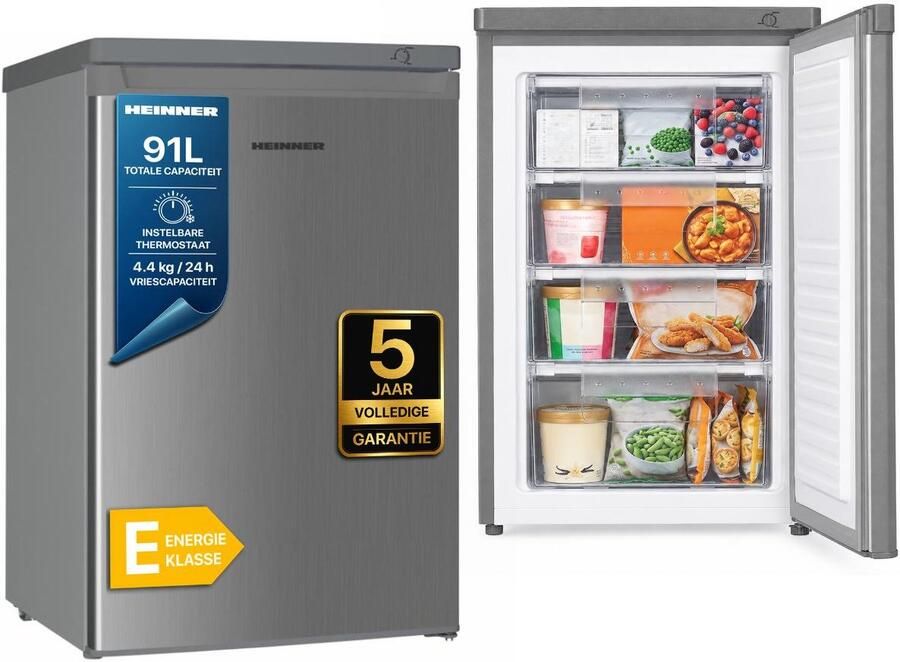 Heinner HFF-HM91SE++ Vrieskast 91 L – Omkeerbare Deur – 4 kg uur Vriescapaciteit – Mechanische Bediening – 5 Jaar Garantie – Zilver