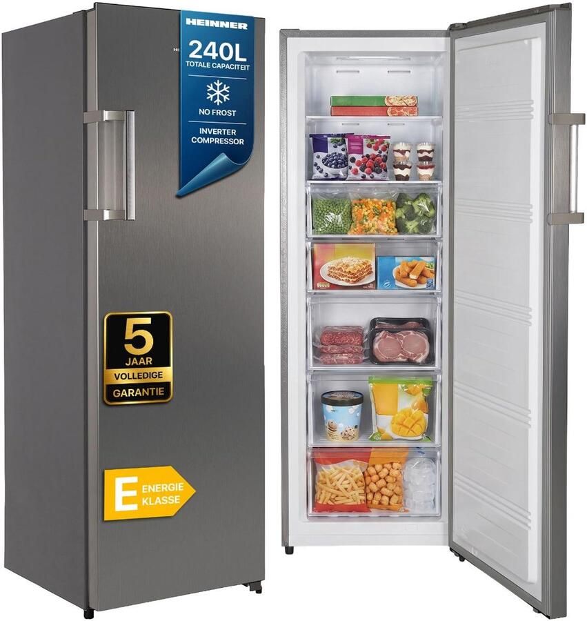 Heinner HFF-HS240NFXE++ Vrieskast – 240 L – No Frost – Multi Airflow Systeem – Inverter Compressor – Snelvriesfunctie – Zilver – 5 Jaar Garantie - Foto 2