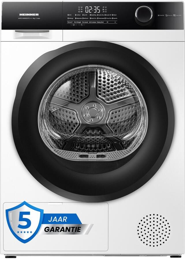 Heinner HHPD-HMK80IVFC+++ Warmtepompdroger 8 kg – Inverter Motor – Touch Control – Trommelverlichting – Baby Care & Wolprogramma – Schoenenrek – Wit – 5 Jaar Garantie