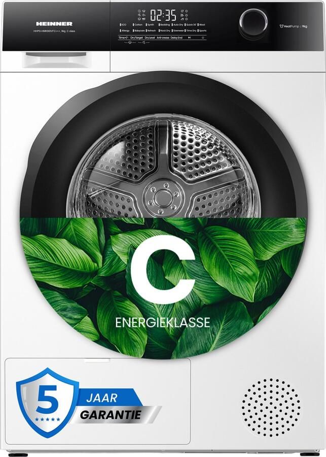 Heinner HHPD-HMK90IVFC+++ Warmtepompdroger – 9 kg – Energieklasse C – 15 programma s – Touch Control – Inverter – Kinderslot Wit – 5 Jaar Garantie