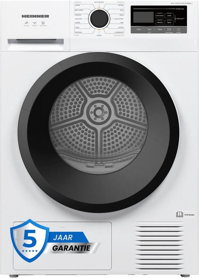 Heinner HHPD-M7N13PBKE++ Warmtepompdroger 7 kg – 16 Programma s – Anti-Kreuk & Vochtigheidssensor – LED Display – 5 Jaar Garantie – Wit