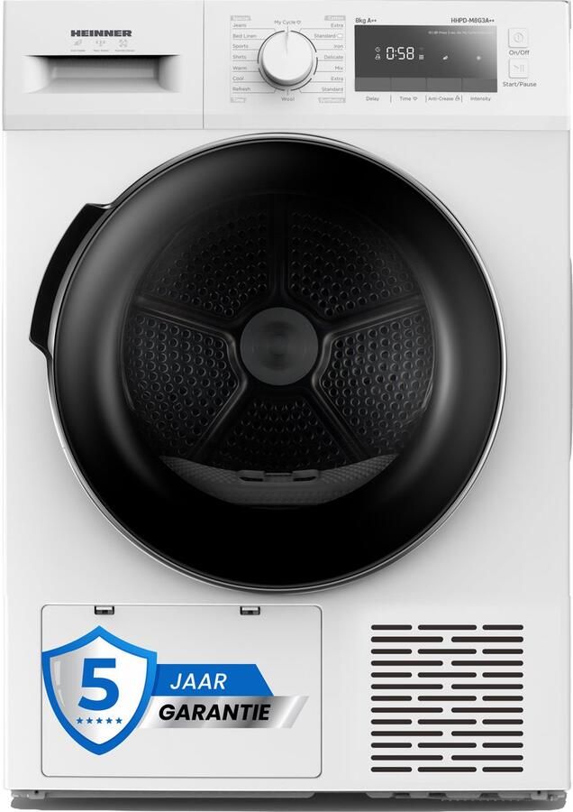 Heinner HHPD-M8G3A++ Wasdroger Warmtepompdroger 8 Kg – 14 Droogprogramma s – LED Display – Anti-Kreuk – Uitgestelde Start – Kinderslot – Wit – 5 Jaar Garantie