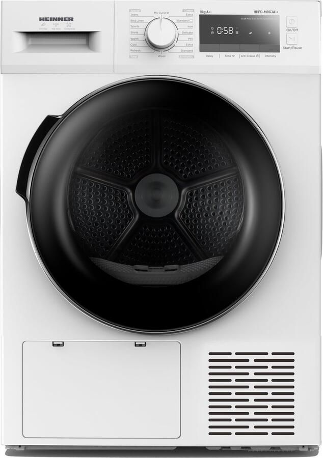 Heinner HHPD-M8G3A++ Wasdroger Warmtepompdroger 8 Kg – 14 Droogprogramma s – LED Display – Anti-Kreuk – Uitgestelde Start – Kinderslot – Wit – 5 Jaar Garantie