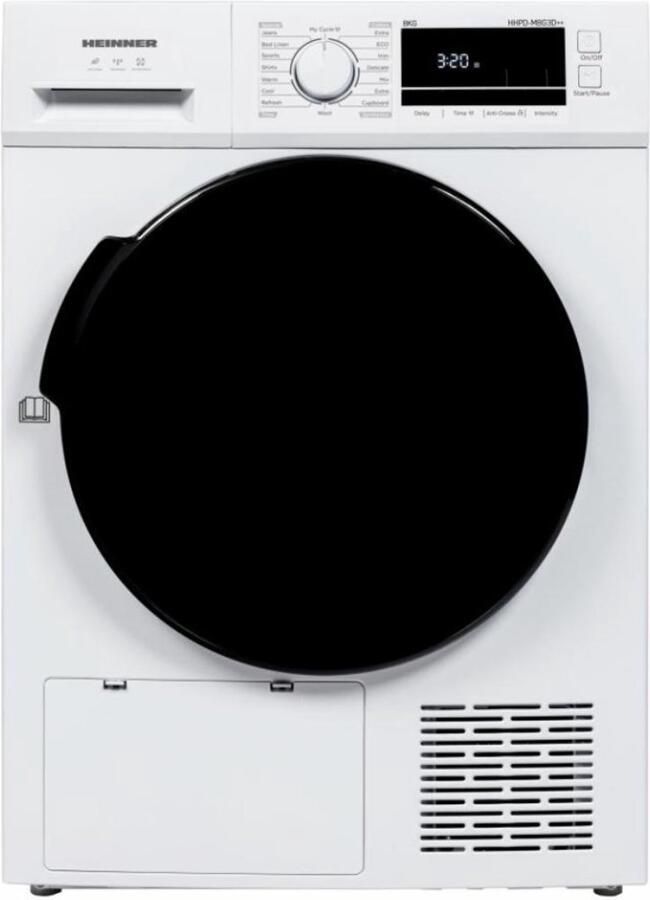Heinner HHPD-M8G3D++ Warmtepompdroger – 9 kg – Energieklasse D – 16 Programma s – Digitaal Display – Snelprogramma – Startuitstel – Anti-kreukfunctie – Trommelverlichting – Kinderslot – Wit – 5 Jaar Garantie
