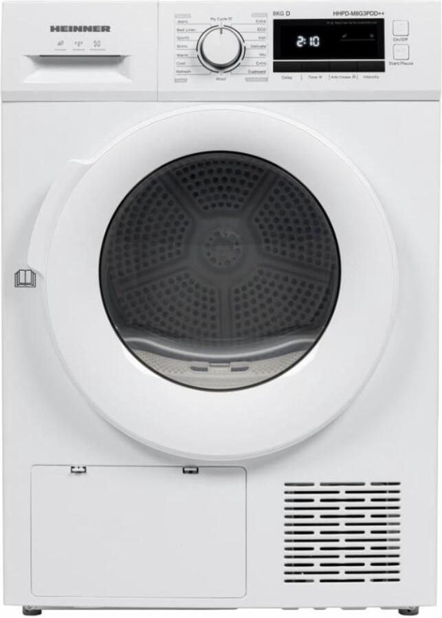 Heinner HHPD-M8G3PDD++ Warmtepompdroger – 9 kg – Energieklasse D – 16 Programma s – Digitaal Display – Snelprogramma – Startuitstel – Anti-kreukfunctie – Trommelverlichting – Kinderslot – Wit – 5 Jaar Garantie