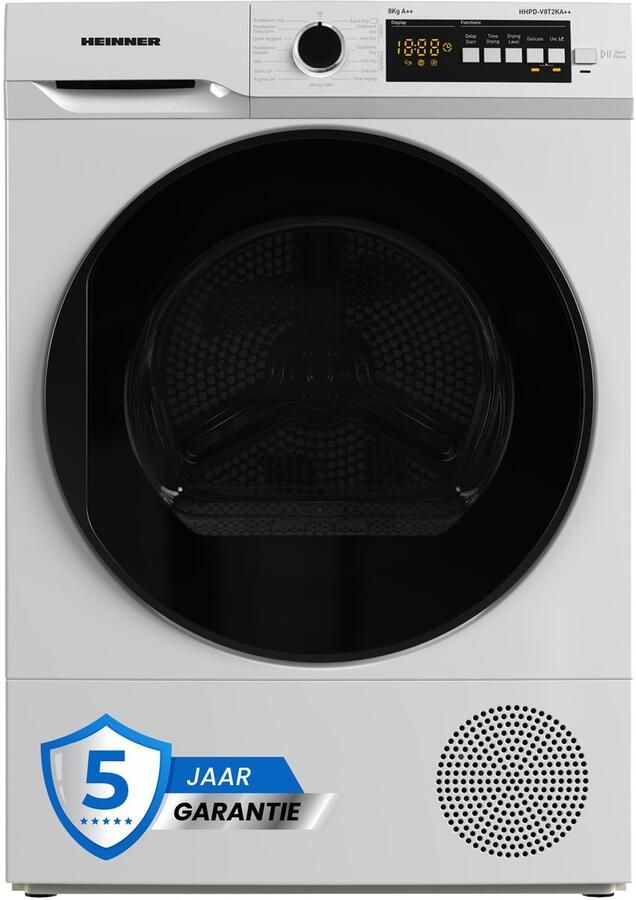 Heinner Warmtepompdroger – 8 kg – Energieklasse A E – 15 Droogprogramma s – Digitaal Display – Anti-kreukfunctie – Omkeerbare Deur – Kinderslot – 5 Jaar Garantie – Wit