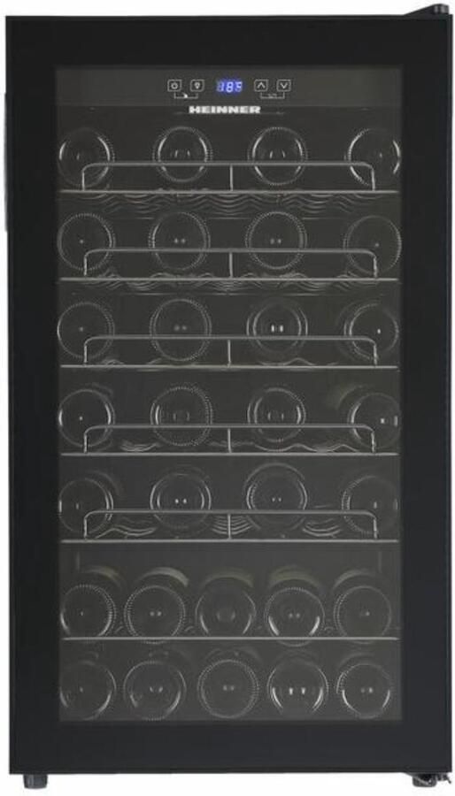 Heinner HRV-A118DRM40 Wijnkoelkast – 118 L – Geschikt voor 40 Flessen – LED-display – 5+1 Verchroomde Metalen Leggers – Omkeerbare Deur – Zwart