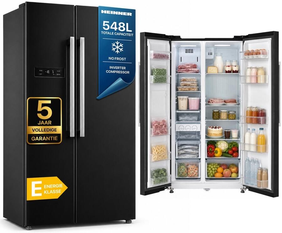 Heinner HSBS-M548NFINVBKE++ American Side-by-Side Koelkast – 548 L – Total No Frost – Inverter Compressor – Touchbediening – Super Cooling – Super Freeze – Holiday-functie – Open-deur Alarm – Zwart – 5 Jaar Garantie