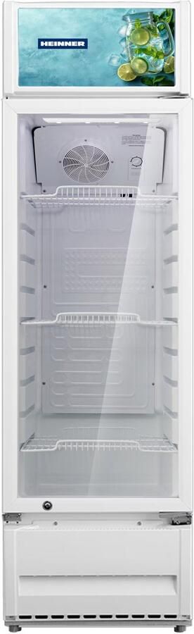 Heinner HSC-M213WHB Drankenkoelkast – Vrijstaande Koelkast met Glazen Deur – 213 L – 204 Flessen – Ventilatorkoeling – LED-verlichting – Instelbare Thermostaat – 3 Legplanken – Deurslot – Wit – 5 Jaar Garantie