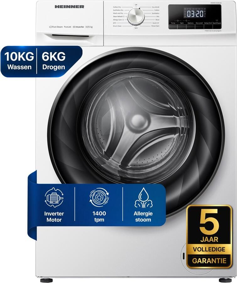 Heinner HWDM-H10614A Was-droogcombinatie 10 kg Wasmachine 6 kg Droger 1400 tpm Energieklasse A D Stoomfunctie Anti-Allergie Programma Woolmark Wol Programma Inverter Motor 5 Jaar Garantie