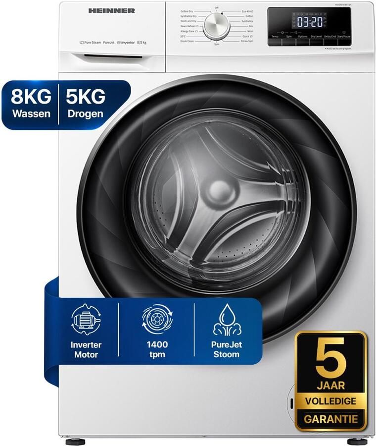 Heinner HWDM-H8514A Was-droogcombinatie – 8 kg Wasmachine 5 kg Droger – 1400 tpm – Energieklasse A D – Inverter Motor – LED Display– Wit – 5 Jaar Garantie