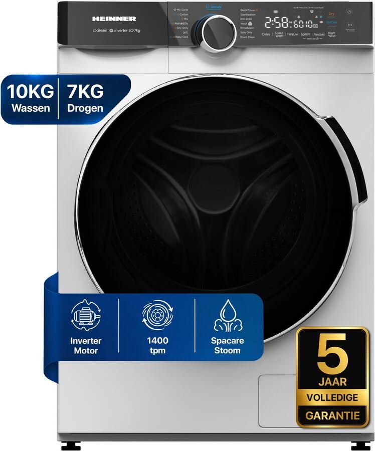 Heinner HWDM-M1014IVKB Was-droogcombinatie – 10 kg Wassen 7 kg Drogen – 1400 tpm – Energieklasse B D – Inverter Motor – 1-Uurs Snel Wassen & Drogen – 5 Jaar Garantie