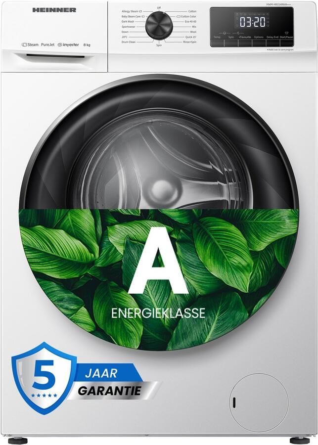 Heinner HWM-H8014INVA Wasmachine – 8 kg – 15 Wasprogramma s – Stoomprogramma – Automatische Weging – Digitaal Display – 1400 RPM – Energieklasse A – 5 Jaar Garantie – Wit
