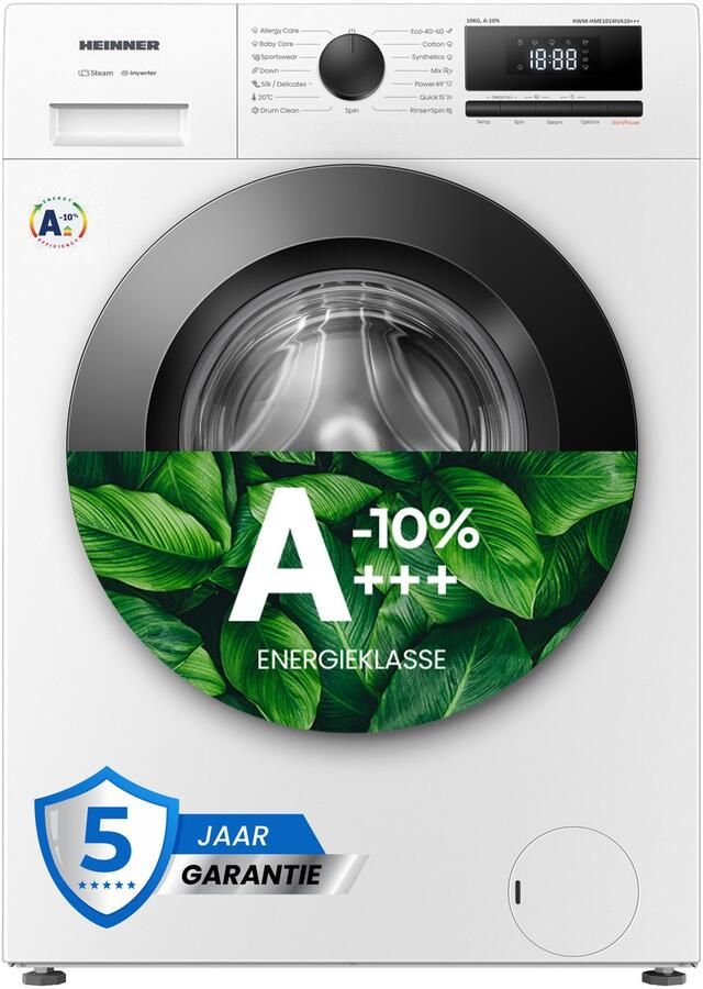 Heinner HWM-HME1014IVA10+++ Wasmachine 10 kg – 1400 tpm – 15 Programma s met Allergievriendelijk en Stoomfunctie – Energieklasse A-10% – Inverter Motor – Energieklasse A-10% – 5 Jaar Garantie