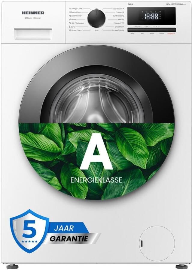 Heinner HWM-HME7012IVSMA+++ Slanke Wasmachine 7 kg 47 cm Diep 1200 toeren Invertermotor Energieklasse A 15 programma's Stoomfunctie Anti-Allergie Kinderslot Digitaal Display Wit 5 Jaar Garantie