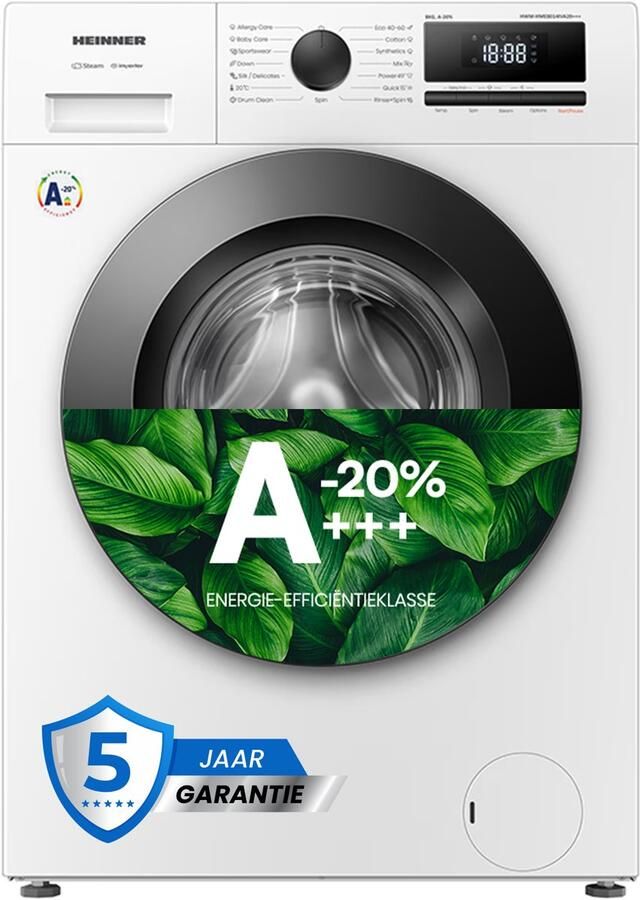 Heinner HWM-HME8014IVA20+++ Wasmachine 8 kg – 1400 tpm – 15 Programma s met Stoomfunctie – Allergievriendelijk – Inverter Motor – Energieklasse A-20% – 5 Jaar Garantie – Wit