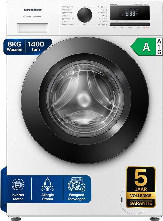Heinner HWM-HME8014IVA20+++ Wasmachine 8 kg 1400 tpm Energieklasse A-20% Inverter Motor Stoomfunctie met Allergy Steam & Baby Steam Care 15 Programma's Quick Wash 15 min Wit 5 Jaar Garantie
