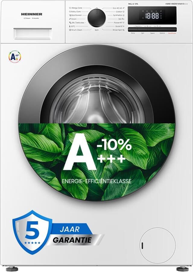 Heinner HWM-HME9014IVA10+++ Wasmachine 9 kg – 1400 tpm – 15 Programma s Met Stoom & Allergieprogramma – Energieklasse A -10% – Digitaal Display – 5 Jaar Garantie