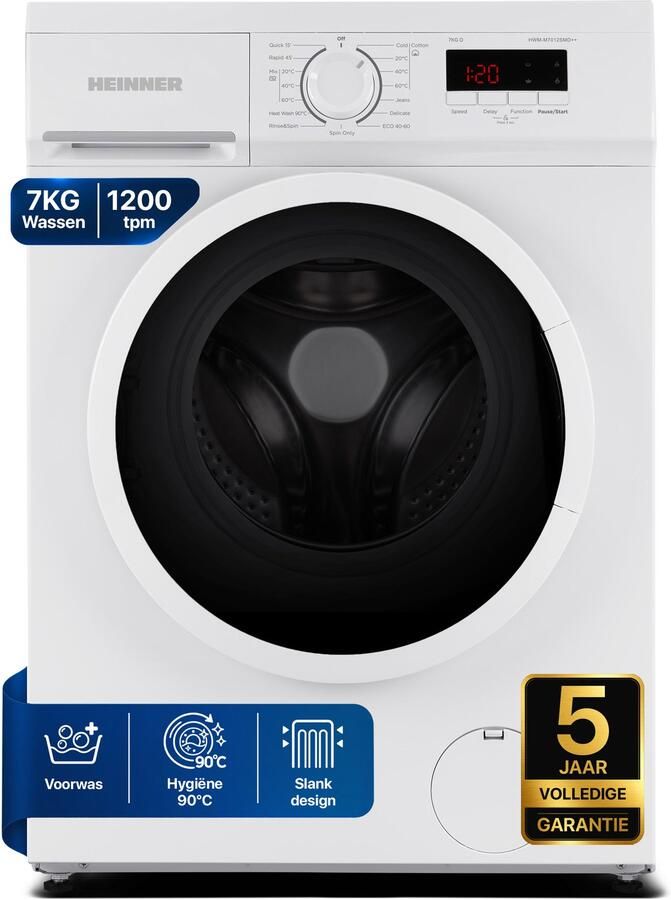 Heinner HWM-M7012SMD++ Slanke Wasmachine 7 kg – 1200 tpm – 15 Programma s – Digitaal Display – Startuitstel – Kinderslot – Energieklasse D – 5 Jaar Garantie – Wit