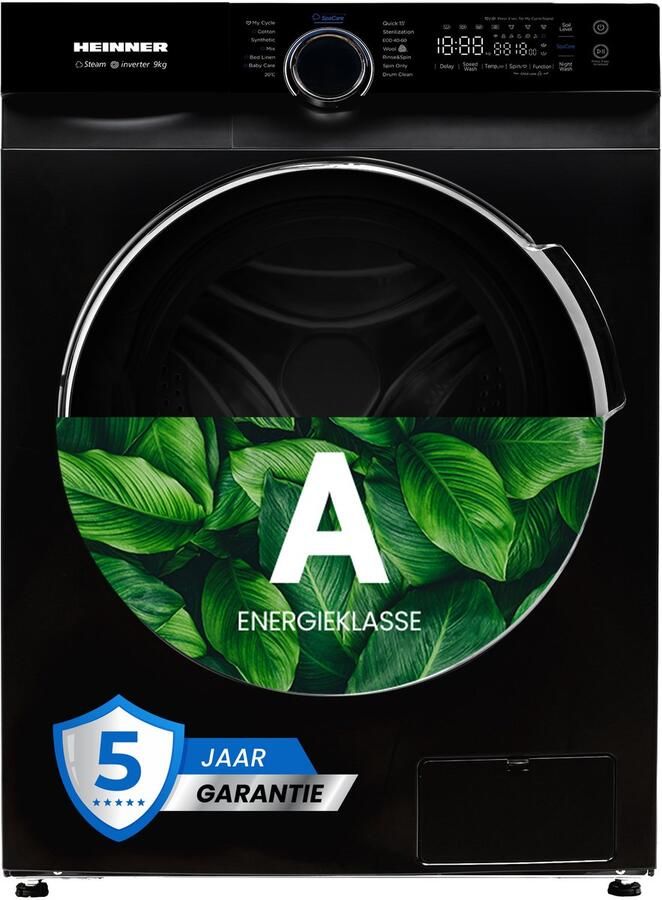 Heinner HWM-M914IVKBA+++ Wasmachine 9 kg – 1400 tpm – Inverter Motor – Touchbediening – 14 Programma s – Stoomfunctie & 15-min Snelprogramma – Energieklasse A – Zwart – 5 Jaar Garantie