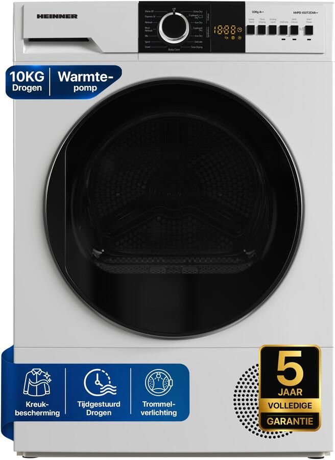 Heinner Warmtepompdroger – 10 KG – Wasdroger met Energielabel A++ – 15 Programma s – LED Display – 5 Jaar Garantie – Wit